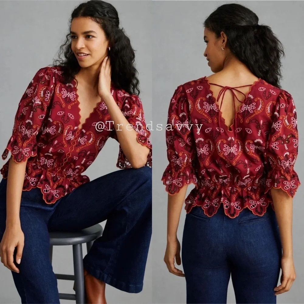 Anthropologie Red Eyelet Embroidered Boho Blouse Top V-Neck Size XXS NWT